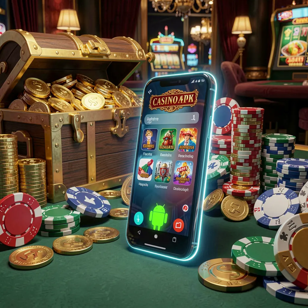 Glowing smartphone displaying PGY777 Casino APK app layout with treasure chest, chips, and coins nearby in a luxury 3D render
