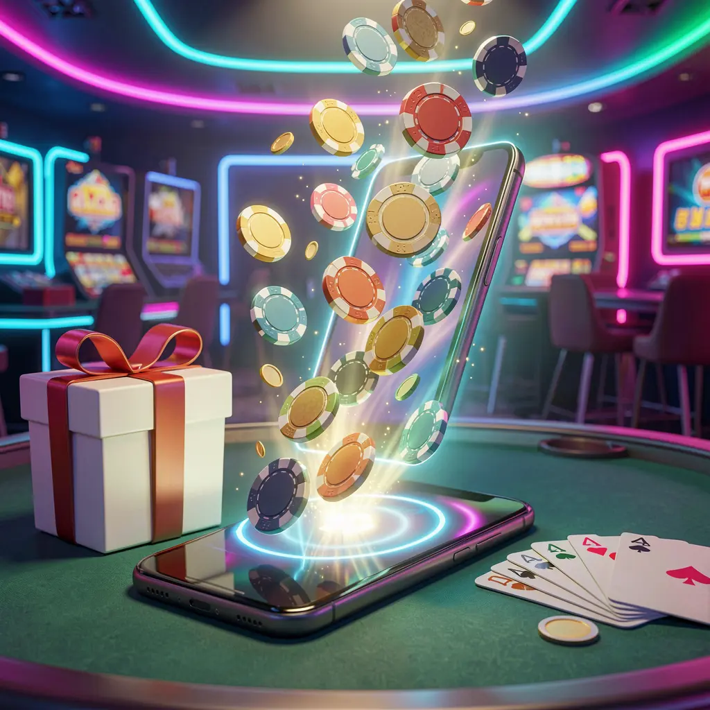 PGY777 mobile casino bonus scene with a modern smartphone displaying glowing casino chips and coins emerging from the screen, surrounded by a gift box and playing cards in a bright neon casino atmosphere