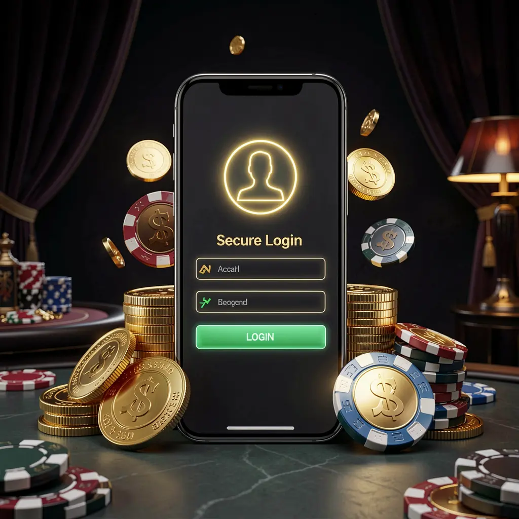 PGY777 online casino login page hero banner featuring a modern smartphone with a secure login screen, glowing user profile icon, golden coins and poker chips surrounding it on a dark luxury background