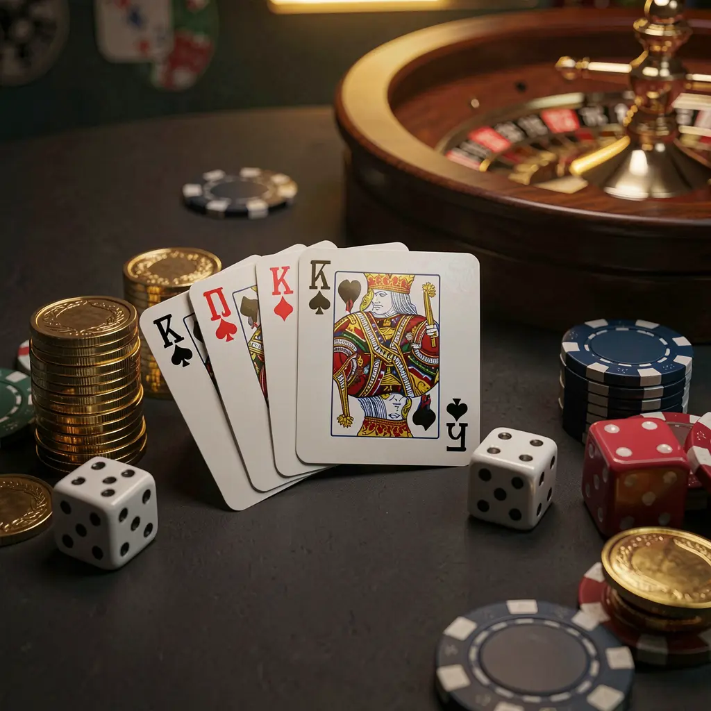 PGY777 elegant online casino homepage featuring royal flush cards, dice, golden coins, poker chips on a dark table with a glowing roulette wheel in the background in a cinematic 3D render